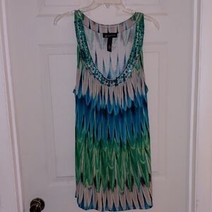 EUC INC Jeweled Sleeveless Top, 1X, Blue Green Dove Gray Beautiful Summer Colors